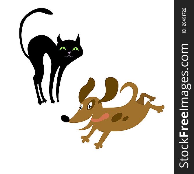 Vector image of cartoon black cat and brown dog. Vector image of cartoon black cat and brown dog