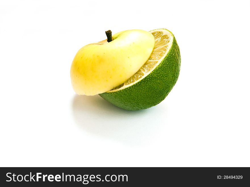 Sliced lime & apple on white background