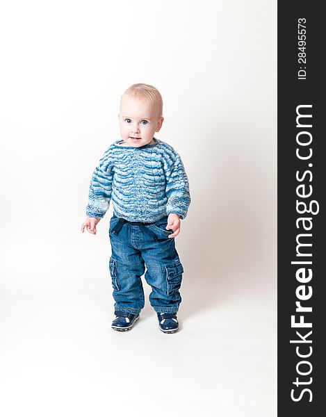 One year-old child in studio white background