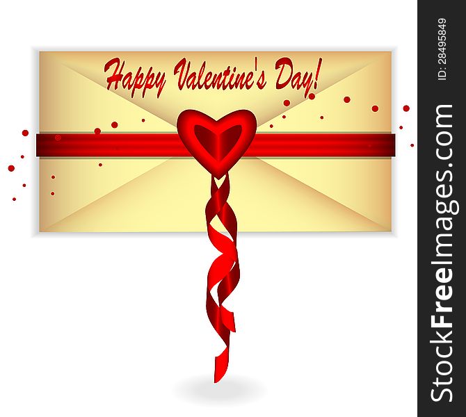 envelope of gold color is decorated by a red heart and ribbon. envelope of gold color is decorated by a red heart and ribbon