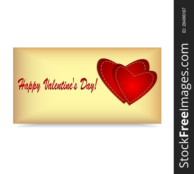 envelope of gold color with two red hearts. envelope of gold color with two red hearts