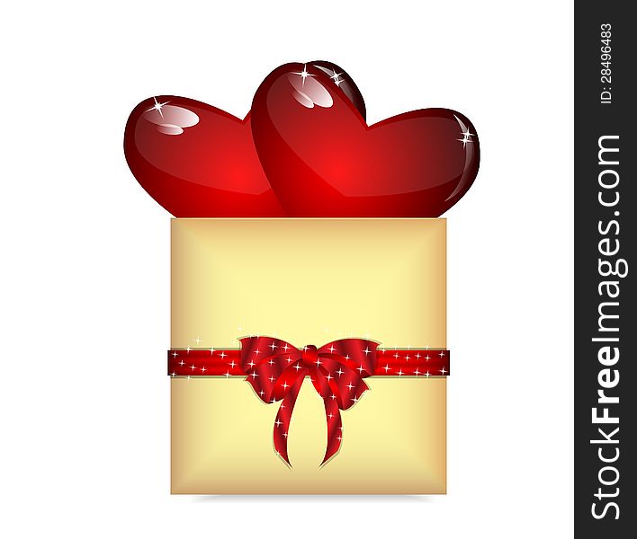 box of gold color with two hearts is decorated by a red ribbon. box of gold color with two hearts is decorated by a red ribbon