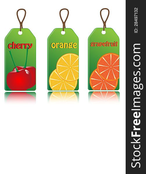 illustration of three labels with orange a grapefruit and cherry. illustration of three labels with orange a grapefruit and cherry