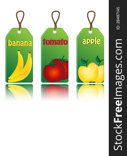 illustration of three labels with a banana an apple and tomato. illustration of three labels with a banana an apple and tomato