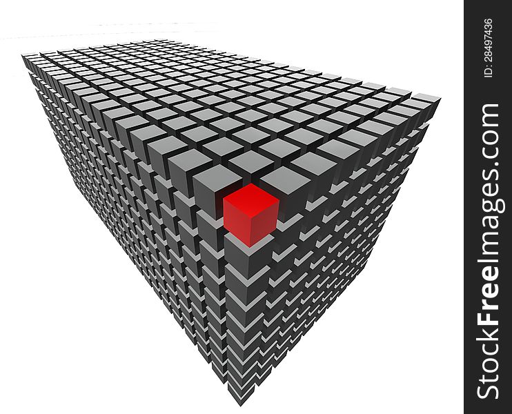 A red cube at the end of a grey block of cubes done in cinema 4d. A red cube at the end of a grey block of cubes done in cinema 4d