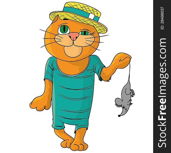 Hilarious cat in a straw hat. Vector illustration.
