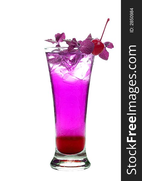 Colorful alcoholic cocktail in a tall glass against white background. Colorful alcoholic cocktail in a tall glass against white background