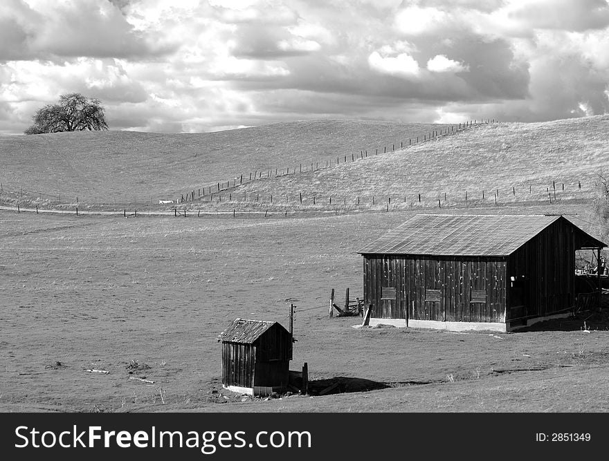 A B&W view of a lone barn and shed on a California hillside. A B&W view of a lone barn and shed on a California hillside