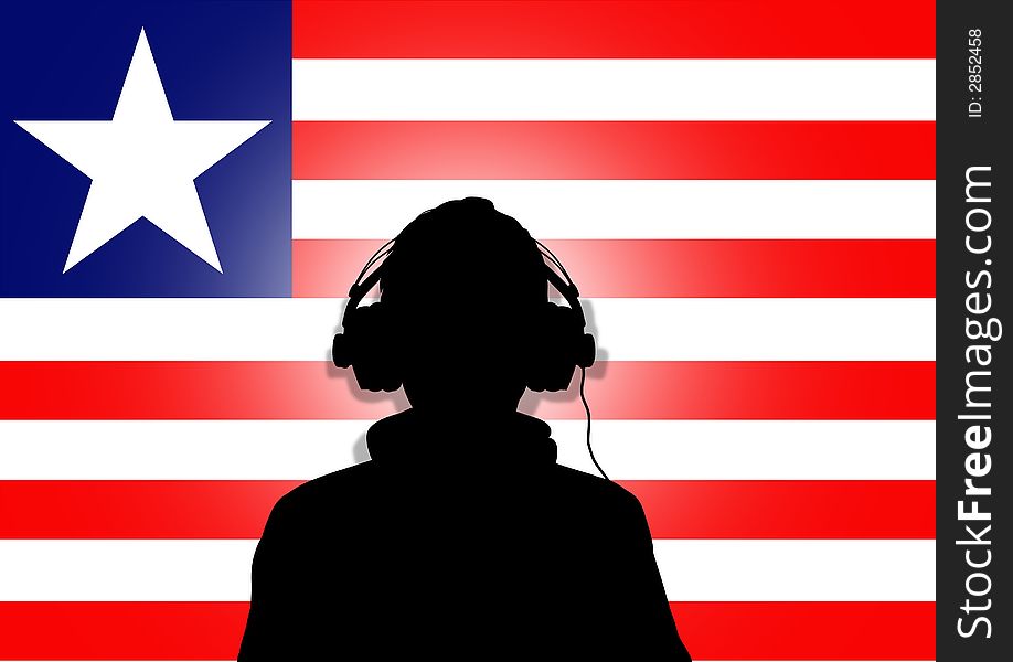 Illustration of a person wearing headphones in-front of the flag of Liberia. Illustration of a person wearing headphones in-front of the flag of Liberia