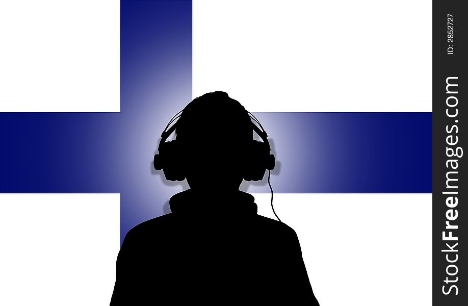 Illustration of a person wearing headphones in-front of the flag of Finland. Illustration of a person wearing headphones in-front of the flag of Finland