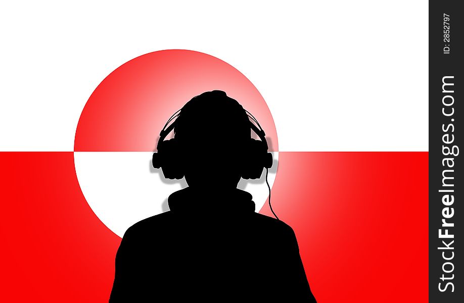 Illustration of a person wearing headphones in-front of the flag of Greenland. Illustration of a person wearing headphones in-front of the flag of Greenland