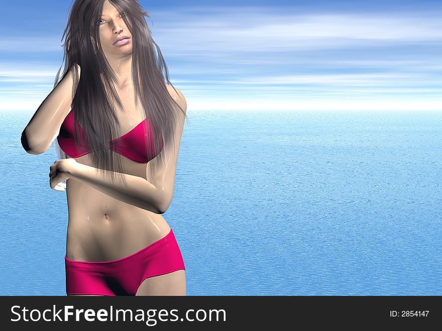 3D render of a woman at the beach