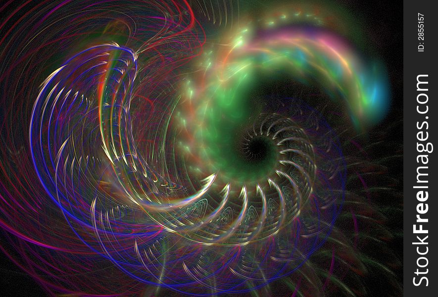 A fractal very festive spiral abstract design with rainbow colors and light effects. A fractal very festive spiral abstract design with rainbow colors and light effects.