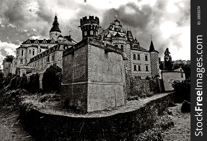 Black white medieval castle