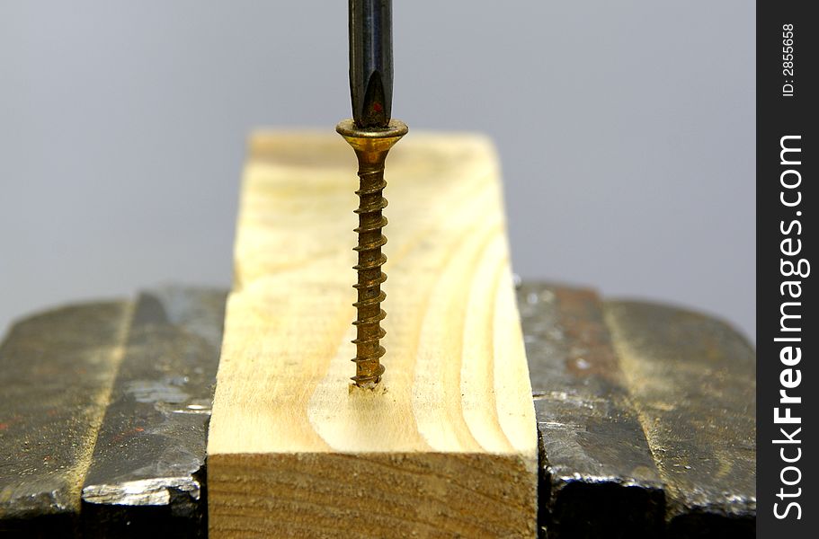 Piece of wood in vice jaws with screw and screwdriver. Taken from side. Piece of wood in vice jaws with screw and screwdriver. Taken from side.