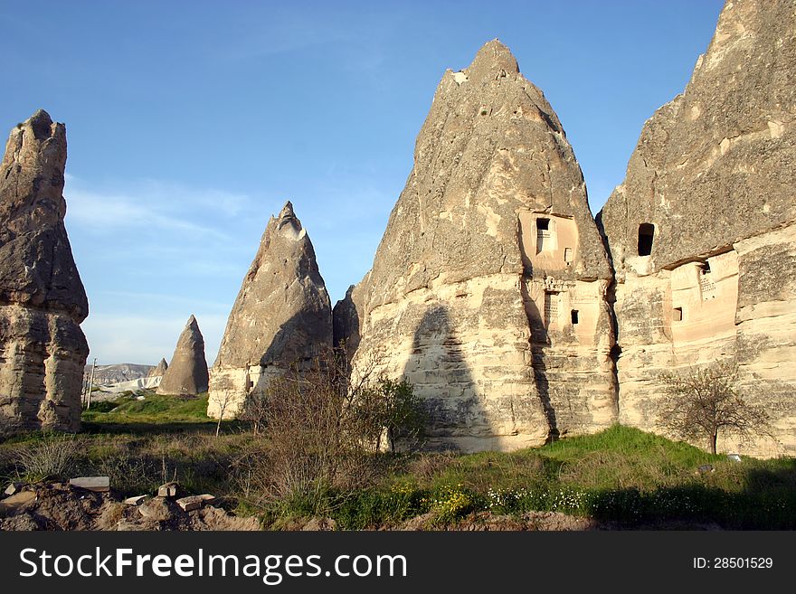 Cave houses cut from the rock in Cappadocia, central Turkey. Cave houses cut from the rock in Cappadocia, central Turkey.