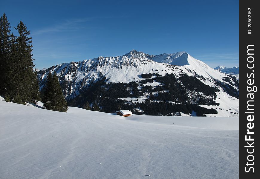 Mountain named Lauenenhorn and winter landscape.
