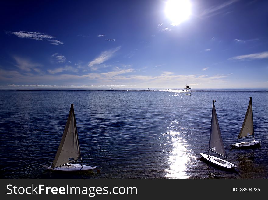 White sailboats on the ocean under the blue sky.