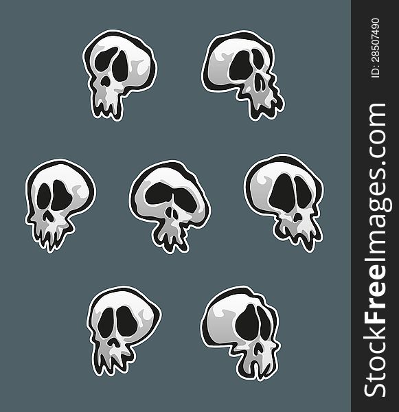 Simple cartoon illustrations of seven skulls. EPS v.10 file with multiply transparency used in the shadow layers. Enjoy!!!