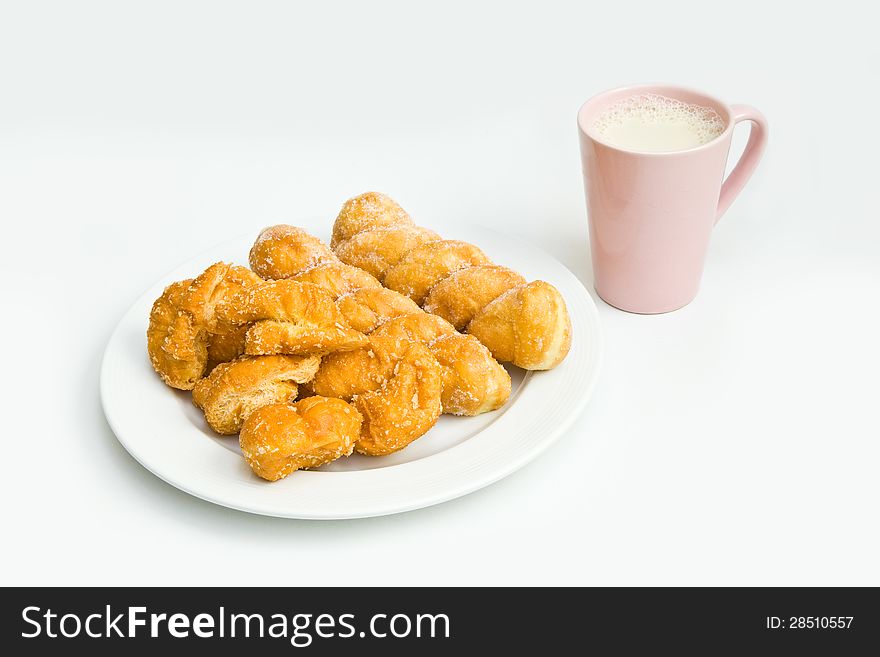 BREAD AND SOY MILK ON WHITE BACKGROUND
