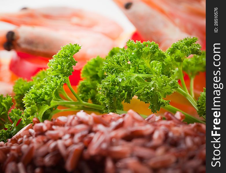 Shrimp With Rice And Fresh Green Parsley