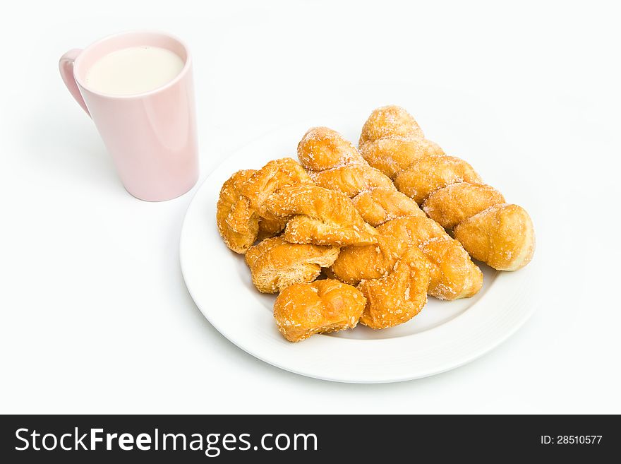 BREAD AND SOY MILK ON WHITE BACKGROUND