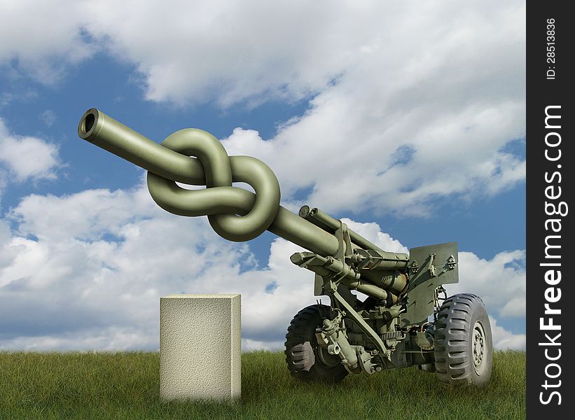Photo-illustration of an old artillery gun with the barrel tied in a knot and a blank stone waiting for your text.