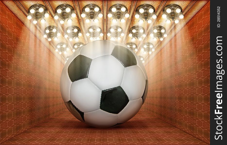 Photo-illustration of a gigantic soccerball in a museum. Photo-illustration of a gigantic soccerball in a museum.