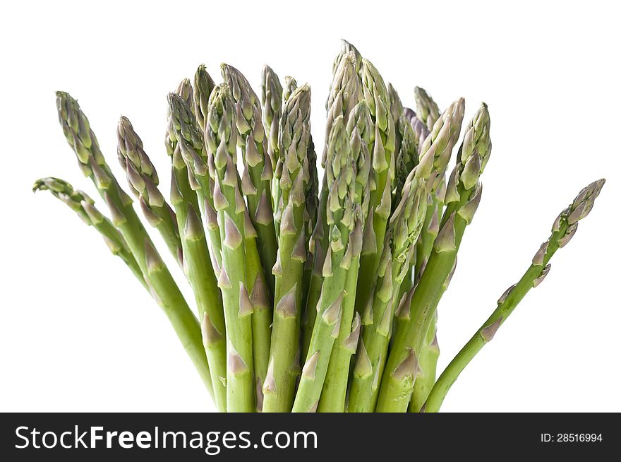 Bindled fresh asparagus on white bcakground