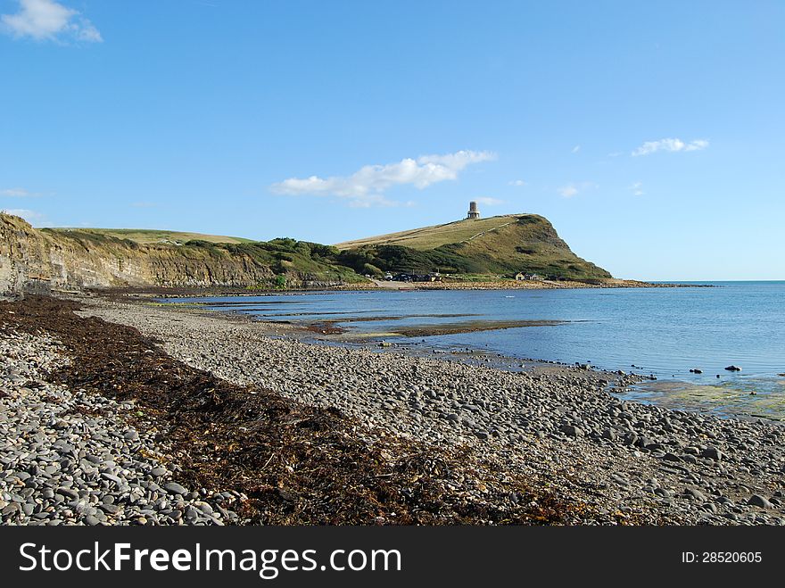 View of Clavell Tower, Jurassic Coast, Dorset from beach