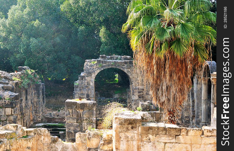 Fragment  ruined ancient Roman bathhouse with hot thermal water, which flows out of the ground. Fragment  ruined ancient Roman bathhouse with hot thermal water, which flows out of the ground