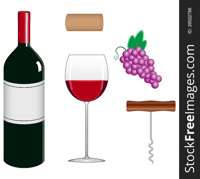 A set of wine related items including a bottle, cork, glass, grapes, and corkscrew. A set of wine related items including a bottle, cork, glass, grapes, and corkscrew