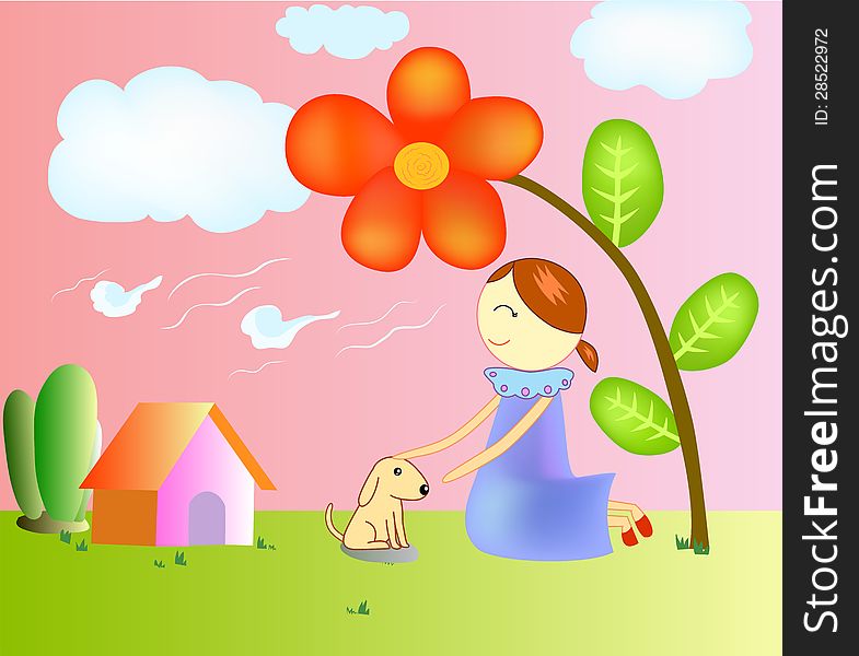 Illustration of a girl and dog In the garden. Illustration of a girl and dog In the garden.