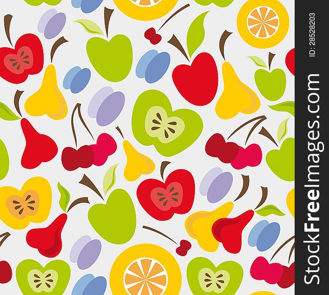 Seamless fruits pattern with apple, pear, cherry, plum and orange.