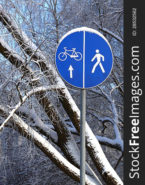 Blue road sign on the winter natural background. Blue road sign on the winter natural background