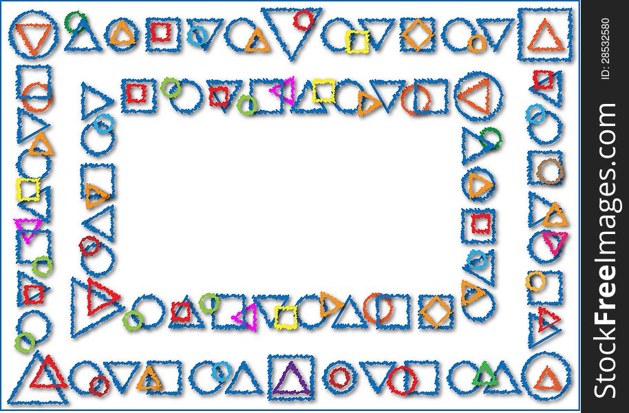 Colorful geometric shapes drawn on a white background in two rows. Colorful geometric shapes drawn on a white background in two rows