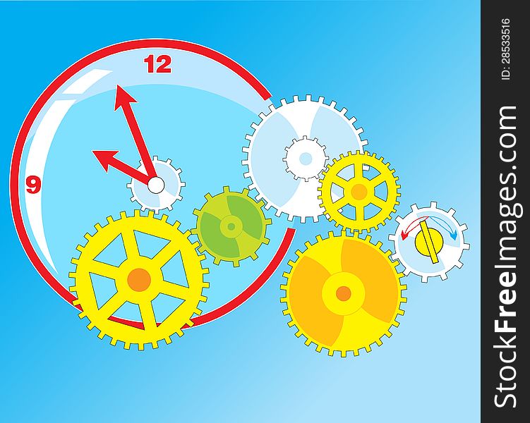 The illustration shows a clock face and several spinning cogwheel. The illustration shows a clock face and several spinning cogwheel.