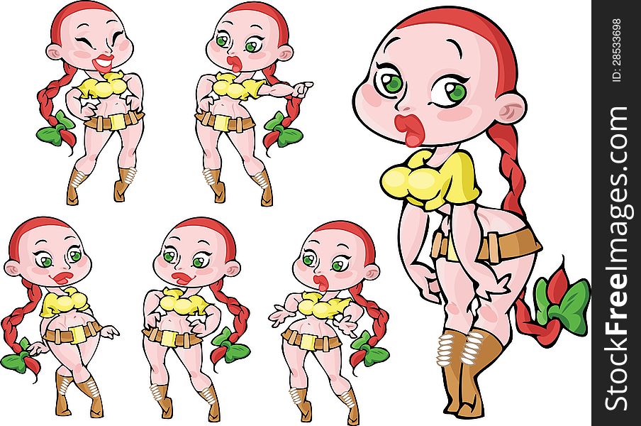 The Illustration shows red girl character in different poses and different emotions. Girl dressed in yellow tee-short, brown skirt and boots, she have green eyes and long red hair in tale shape. The Illustration done in cartoon style.
