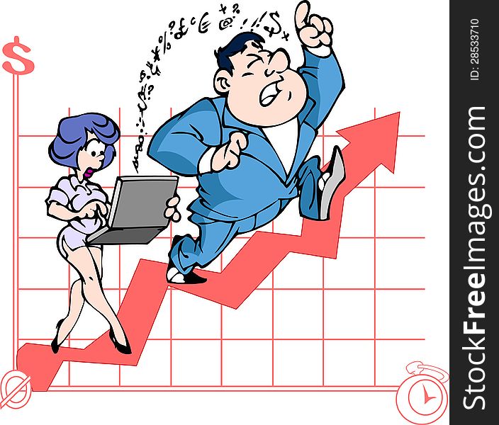 The illustration shows the boss man and the girl secretary on the background of the  of the symbolic schedule. Illustration done in cartoon style on white background.