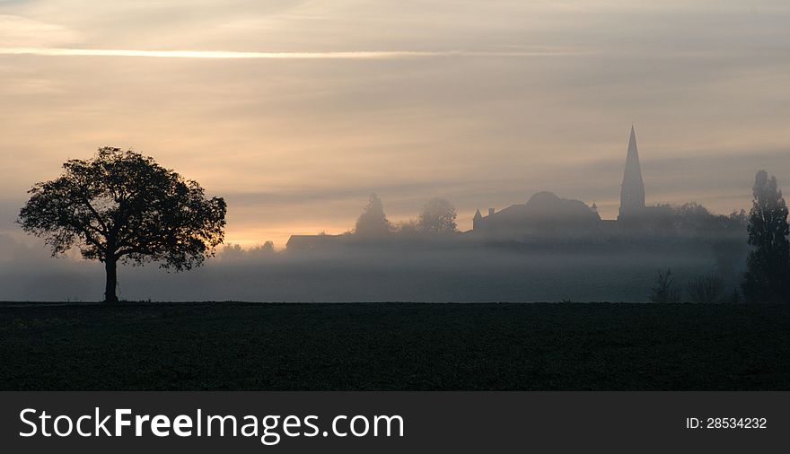 Dawn over French village in Charente. Dawn over French village in Charente
