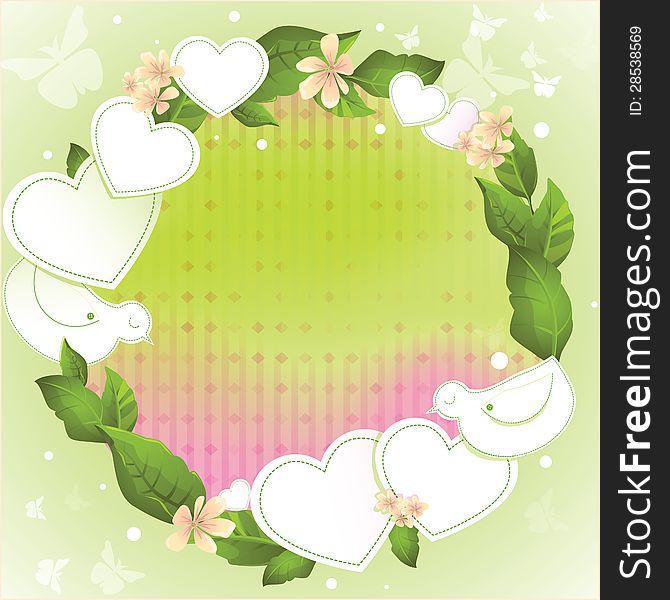 Spring background with paper hearts, doves and green realistic foliage. Blank space for your message. Spring background with paper hearts, doves and green realistic foliage. Blank space for your message.