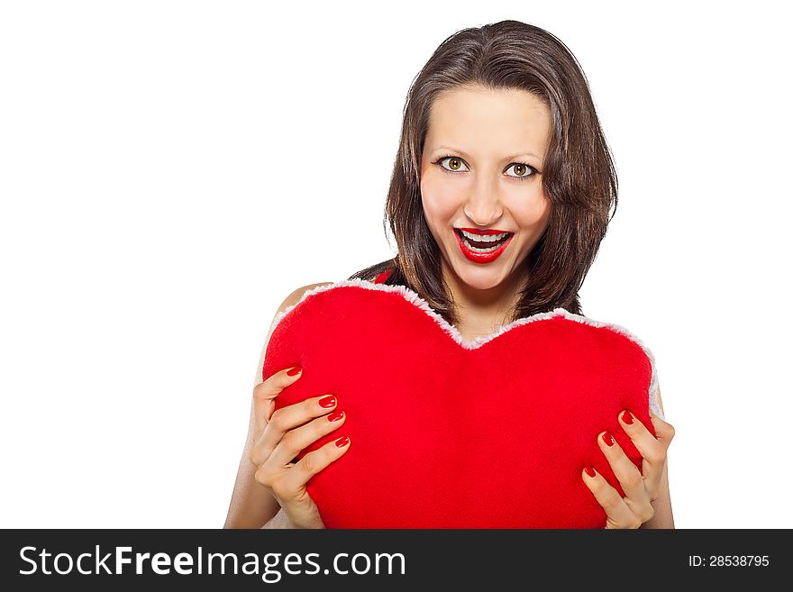Beautiful smiling woman with a gift of the heart isolated on white background. Beautiful smiling woman with a gift of the heart isolated on white background