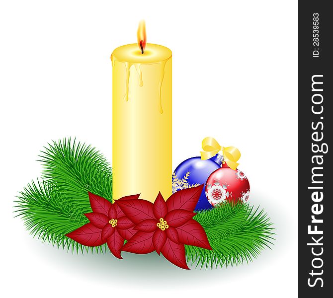 Christmas candle with decorative balls and poinsettia