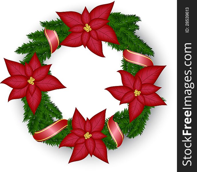 Christmas wreath with poinsettia and red ribbon