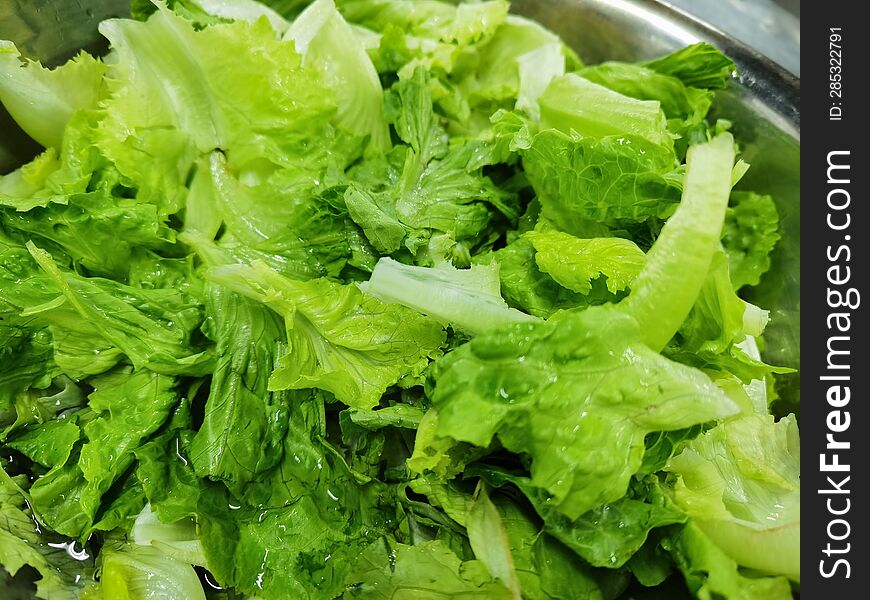 Lettuce soaked in water in a stainless steel container.