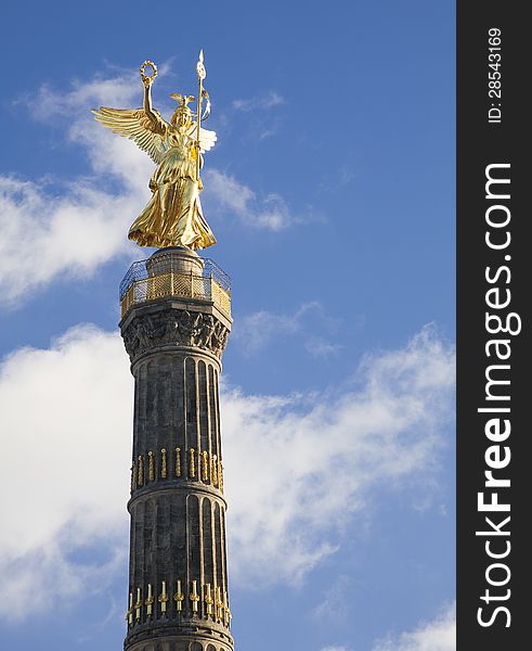 View of Berlin's famous Victory Column showing bronze sculpture of Victoria designed by Heinrich Strack. View of Berlin's famous Victory Column showing bronze sculpture of Victoria designed by Heinrich Strack