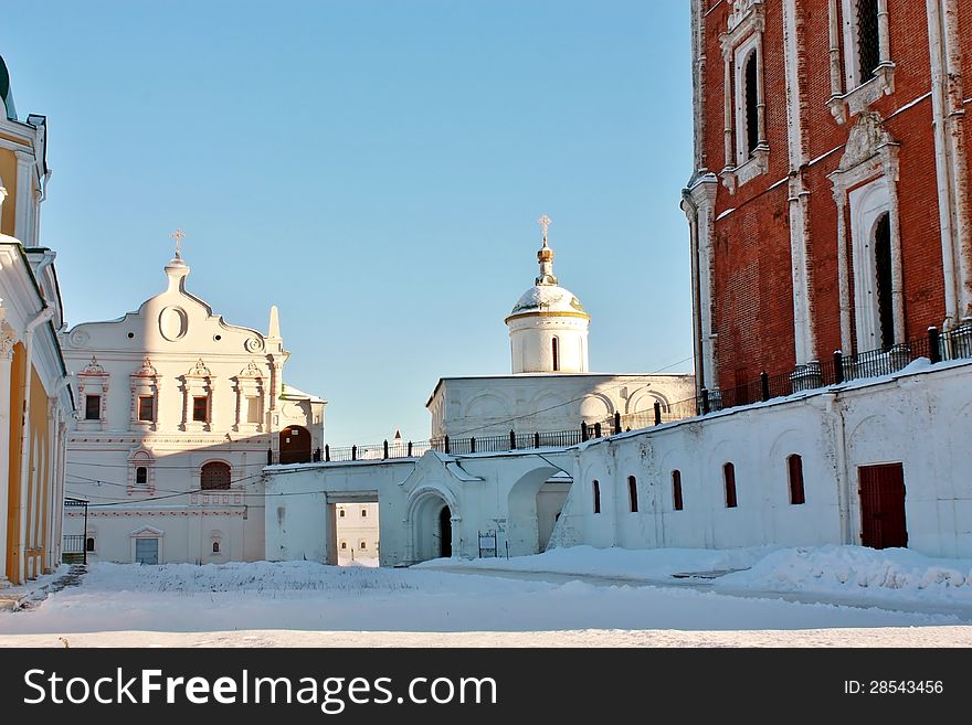 View of the space among Uspensky Cathedral and small church in Ryazan Kremlin. View of the space among Uspensky Cathedral and small church in Ryazan Kremlin