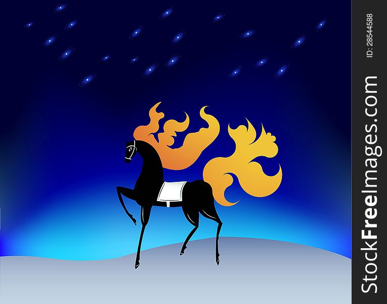 Horse With A Fiery Mane Under The Stars