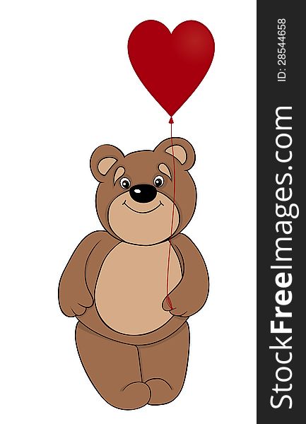 Brown teddy bear holding a balloon in the form of red heart