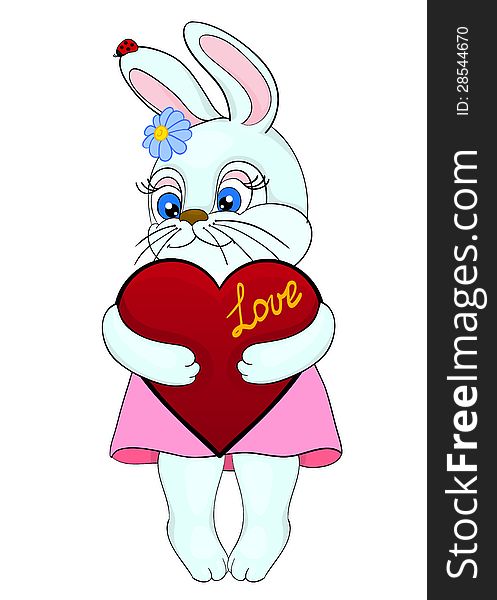 Cute white bunny holding in the paws of the heart, Postcard to the Valentine's Day and Mother's Day